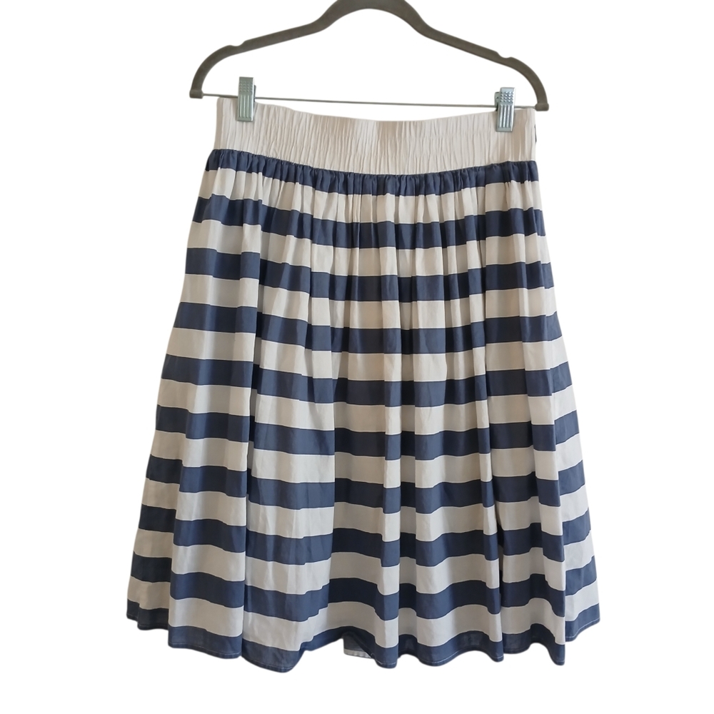 REMAIN Cotton Pleated Skirt Women's S Navy White Striped Lined Full Nautical